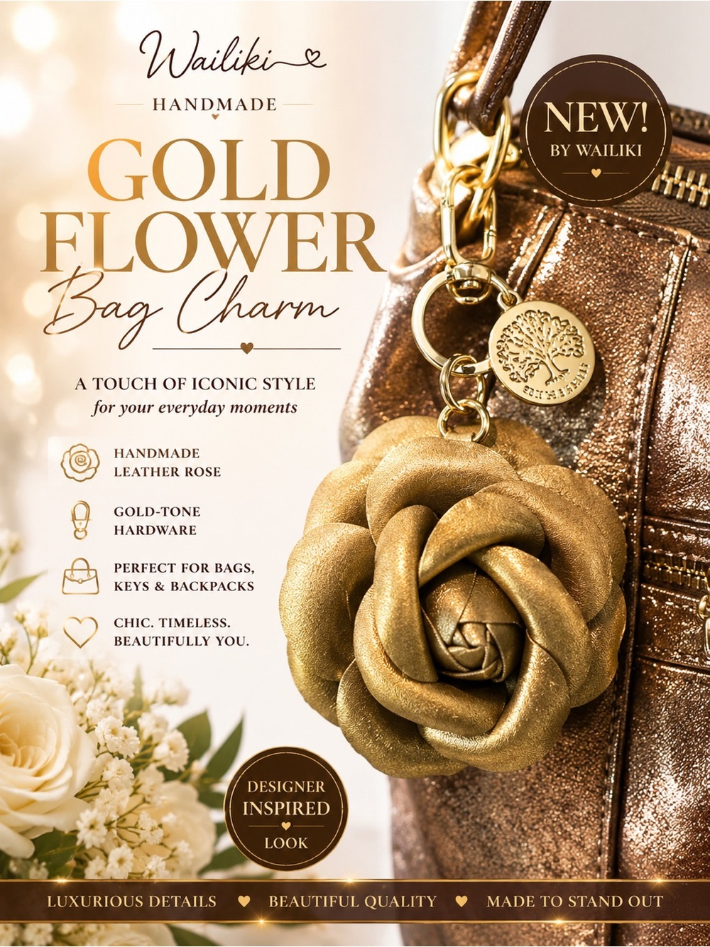 Handmade Wailiki Gold Flower Keychain & Bag Charm NWOT